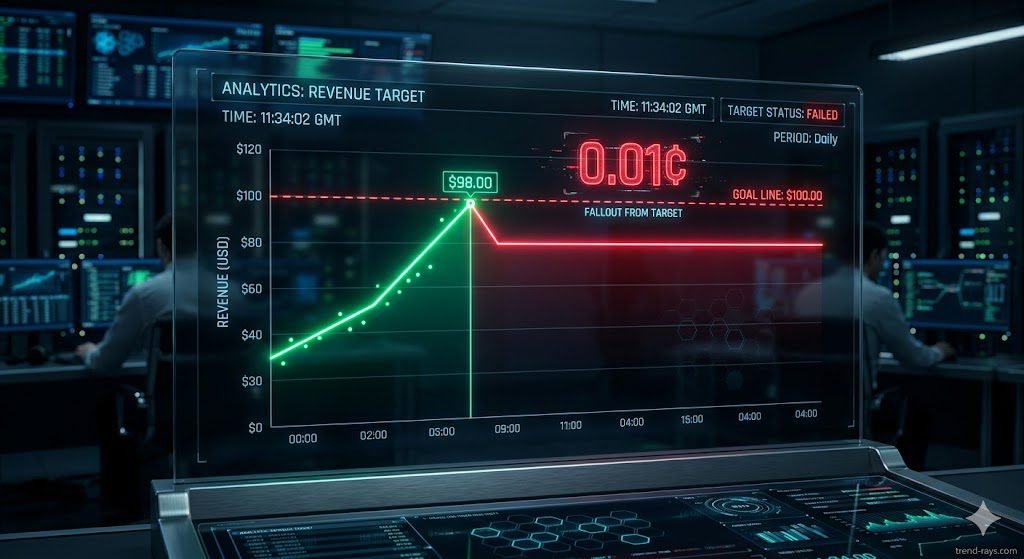 Prompt: A photorealistic 3D render of a glowing neon line graph on a dark digital analytics dashboard. The green line shoots up quickly to the $98 mark, then abruptly flatlines and turns red just before reaching the $100 goal line. A floating red hologram text reads "0.01¢". Cinematic lighting, corporate cybersecurity aesthetic. 