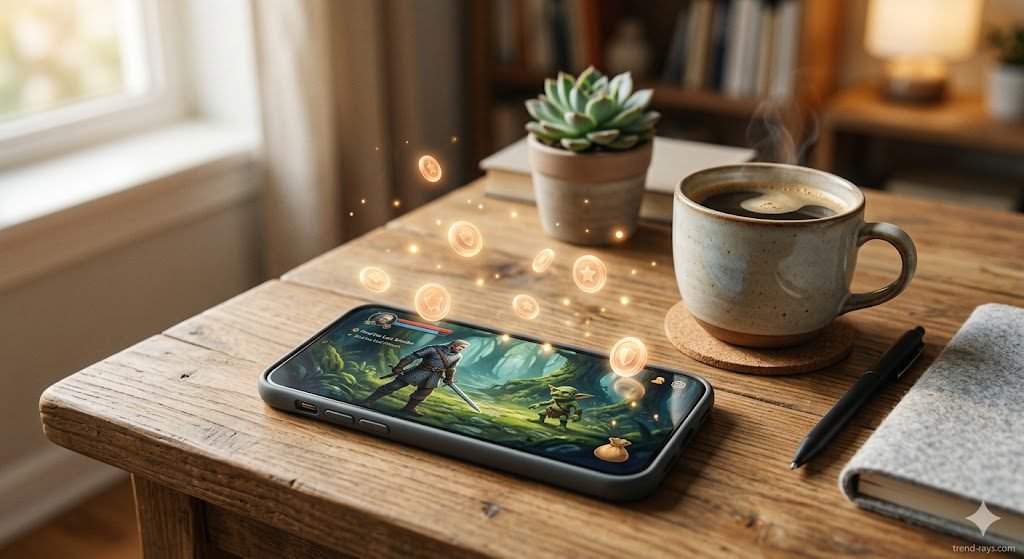 Prompt: A clean, inviting, and realistic lifestyle setup of a modern smartphone resting on a wooden desk next to a cup of coffee. The phone screen displays a legitimate, high-quality fantasy RPG game with small gold coins subtly glowing around the device, indicating passive micro-earnings. Warm, soft lighting, professional editorial photography style.