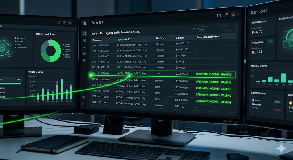 Automating Crypto Gaming Taxes: The AI SaaS Tools You Need in 2026 2 A visualization of a dark-mode financial dashboard displaying a waterfall of unclassified cryptographic transaction logs (0x... hashes). An interactive, glowing data laser rapidly scans the logs. When the laser hits a log, it instantly transforms the text from generic code into a bold, green tag reading "ORDINARY INCOME - GAMING". Moody, high-contrast lighting, cyber-financial aesthetic.