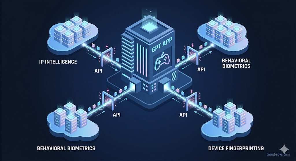 How Reward Apps Detect VPNs: The AI SaaS Infrastructure Explained (2026) 2 A conceptual 3D isometric infographic on a dark background. A large, stylized 'GPT APP' building (maybe with a gaming controller icon) is connected by multiple glowing API pipe lines to various smaller, cloud-like data centers labeled 'IP INTELLIGENCE', 'BEHAVIORAL BIOMETRICS', and 'DEVICE FINGERPRINTING' in clean, white text. Data packets (represented by tiny glowing squares) flow back and forth. Security gates flash over the API lines. Modern, clean, tech-focused aesthetic with deep blue and soft neon accents.