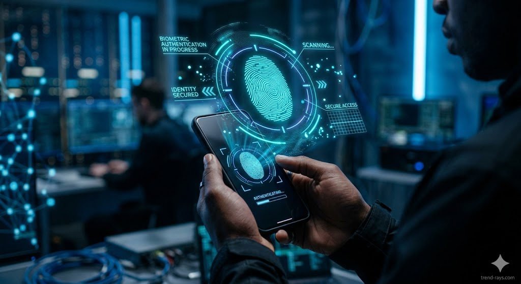 The True Cost of Crypto Gaming Payouts: Escaping Gas Fees on GPT Sites 4 A modern smartphone held by an anonymous person's hands in a dark, moody tech environment. The phone screen projects a futuristic, holographic glowing fingerprint and an identity verification scanning reticle. Cybersecurity aesthetic, professional, sleek, glowing neon blue data streams in the softly blurred background, sharp focus on the device.