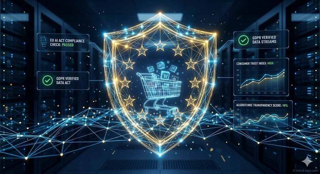 Prompt: A clean, modern, high-tech conceptual image representing European AI compliance in e-commerce. A glowing digital shield with a subtle European Union star circle motif, protecting a network of glowing data nodes and a holographic shopping cart. Dark mode aesthetic, cinematic lighting, deep navy blue and bright gold neon accents, 8k resolution, highly detailed, photorealistic UI elements floating in the background, professional corporate technology blog style.