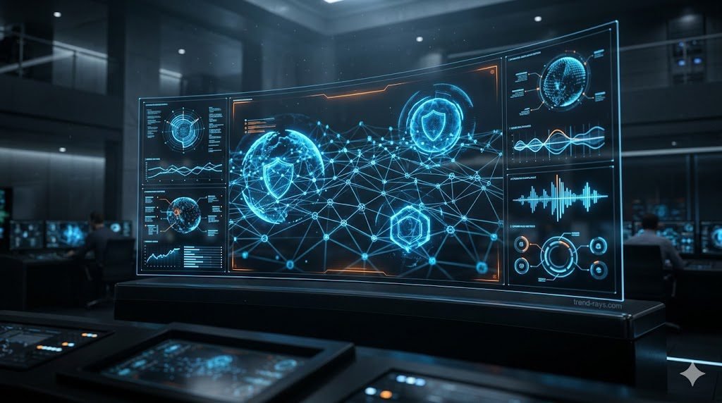 Prompt: A cinematic, ultra-high-resolution 3D rendering of a modern cybersecurity command center dashboard. Dark mode UI with glowing neon blue and subtle orange accents. The screen displays network nodes, security shields, and automated compliance metrics. Clean, minimalist, high-tech corporate aesthetic,