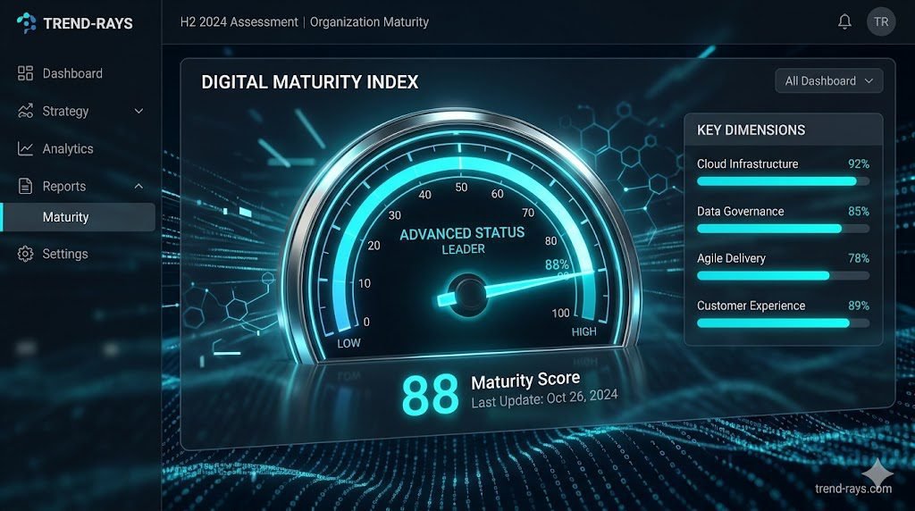 Prompt: A sleek, modern user interface concept showing a digital maturity gauge or speedometer. The dial is glowing with a bright cyan light, moving from a low state to a high state. Surrounded by abstract data lines and binary code in the background. Futuristic but realistic corporate SaaS aesthetic