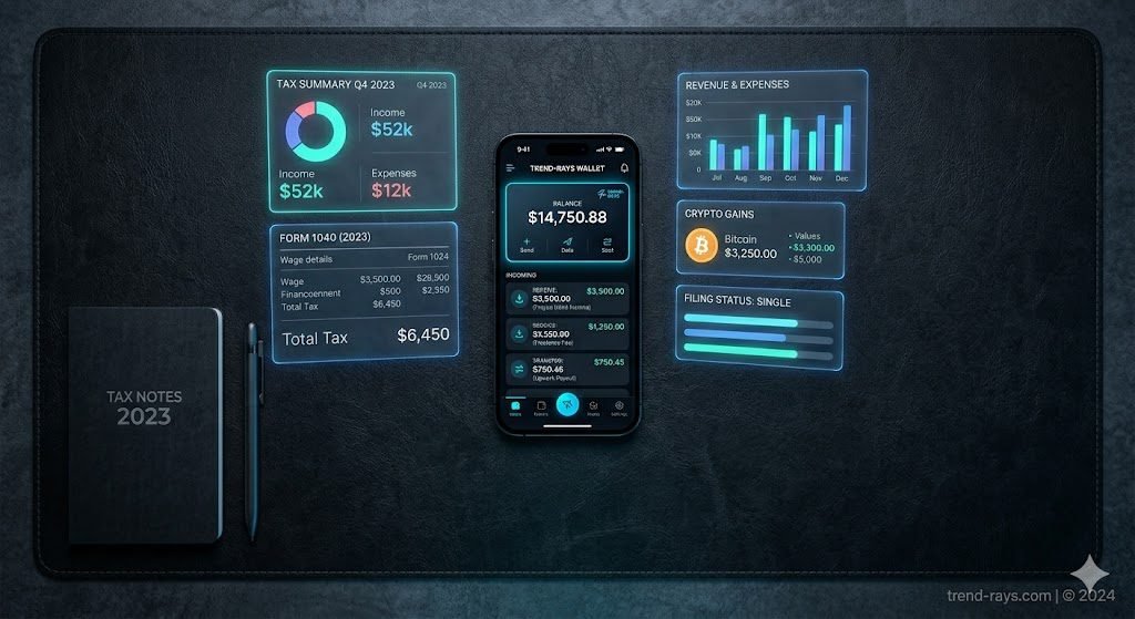 Image Prompt: A sleek, modern flat-lay composition on a dark graphite desk. In the center, a glowing smartphone screen displays a digital wallet interface with incoming transactions, surrounded by subtle, high-tech holographic tax forms and charts floating in the background. The aesthetic must be clean, cinematic, and professional, bathed in cool blue and neon cyan lighting.