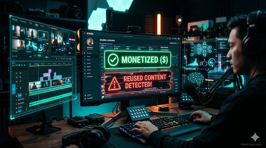 A cinematic, ultra-realistic high-tech digital workspace. In the center, a glowing, modern dashboard interface displays a bright green 'Monetized' icon, standing in sharp contrast against a glitching, fragmented red warning sign representing 'Reused Content'. Surrounding the screens are floating, futuristic holographic video editing timelines and glowing AI neural network nodes. The lighting is moody and professional, featuring a neon teal and subtle orange color grade. Shot on a 35mm lens, shallow depth of field, 8k resolution, highly detailed.