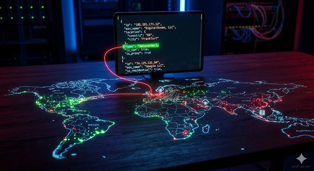 How Reward Apps Detect VPNs: The AI SaaS Infrastructure Explained (2026) 3 A macro, cinematic shot focusing on a glowing map of the world projected onto a dark desk surface. Different regions flicker with green ('RESIDENTIAL IP') and red ('DATACENTER IP' with a small proxy icon) light points, with lines connecting to a central digital dashboard showing a scrolling mock JSON data stream of 'IP Address', 'ASN Name', and a clear boolean flag {"is_vpn": true} highlighted. Deep blue and red neon lighting, technically detailed, photorealistic.