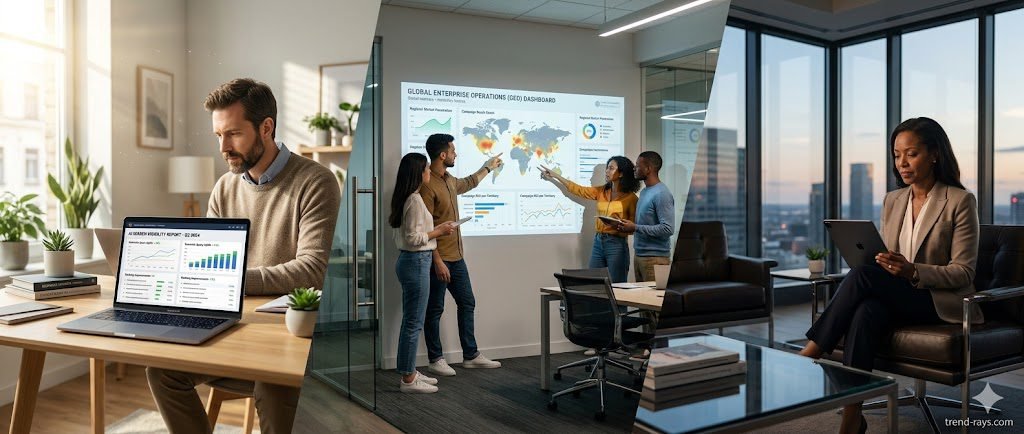 A cinematic, wide-aspect ratio image split subtly into three different modern work environments. On the left, a focused freelance consultant in a bright, modern home office analyzing an AI search visibility report on a sleek laptop. In the center, a collaborative marketing agency team pointing at a projected GEO dashboard in a glass-walled conference room. On the right, an enterprise Chief Marketing Officer (CMO) in a high-rise corner office reviewing brand sentiment alerts on a high-end tablet. The lighting is professional, warm, and aspirational.
