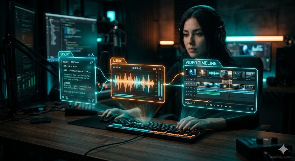 A cinematic, high-tech digital workspace showing a glowing flowchart connecting three holographic nodes: a glowing text script, an audio waveform, and a futuristic video timeline. The lighting is moody and professional, featuring a neon teal and subtle orange color grade. Shot on a 35mm lens, shallow depth of field, 8k resolution, highly detailed.