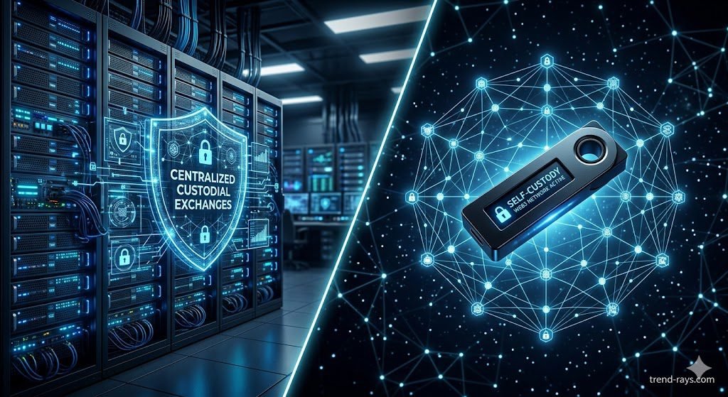 The True Cost of Crypto Gaming Payouts: Escaping Gas Fees on GPT Sites 3 A conceptual tech image split into two distinct sides. On the left side, a glowing, highly secured futuristic corporate server bank (representing centralized custodial exchanges). On the right side, a single, sleek cryptographic hardware key floating inside a decentralized web of glowing blockchain data nodes (representing self-custody). High-contrast, modern digital asset aesthetic, cinematic lighting, deep blues and stark whites.