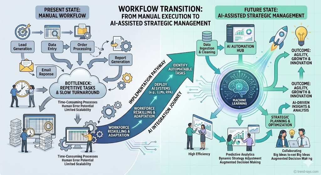 A professional workflow diagram showing the transition from manual task execution to AI-assisted strategic management.