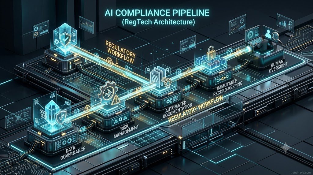 A 3D isometric diagram showing the five technical pillars of EU AI Act compliance connected in a continuous workflow.