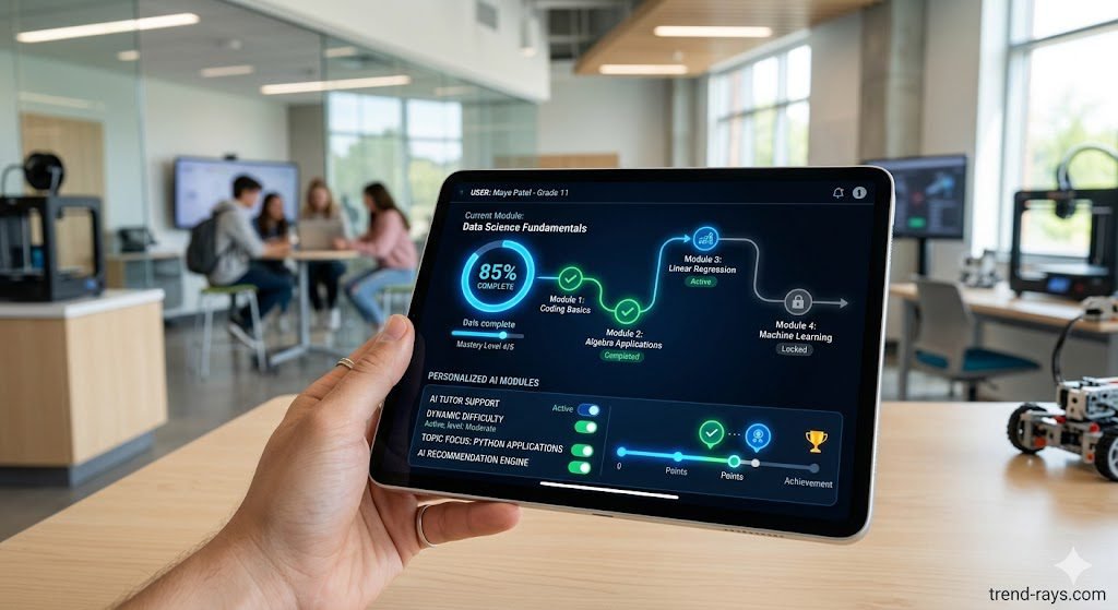 Best AI Software for School Administrative Automation and Predictive Enrollment 4 An elegant, close-up shot of a modern tablet displaying an adaptive learning pathway interface with glowing progress metrics and customizable AI modules. In the soft-focus background, a pristine, tech-forward school environment is visible. Clean, professional branding style, authentic lighting, highly detailed tech asset.