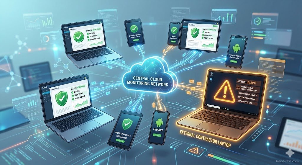 Vanta vs. Drata vs. Sprinto: Exposing Hidden Costs & Multi-Framework Penalties 2 A modern, stylistic tech illustration showing a collection of diverse laptop and mobile device screens connected to a central cloud monitor network. One external contractor device is highlighted with a neon amber alert symbol indicating a missing local monitoring agent, while the corporate-owned devices display green compliance checkmark states. Sharp focus, professional SaaS UI design elements, cinematic depth of field.