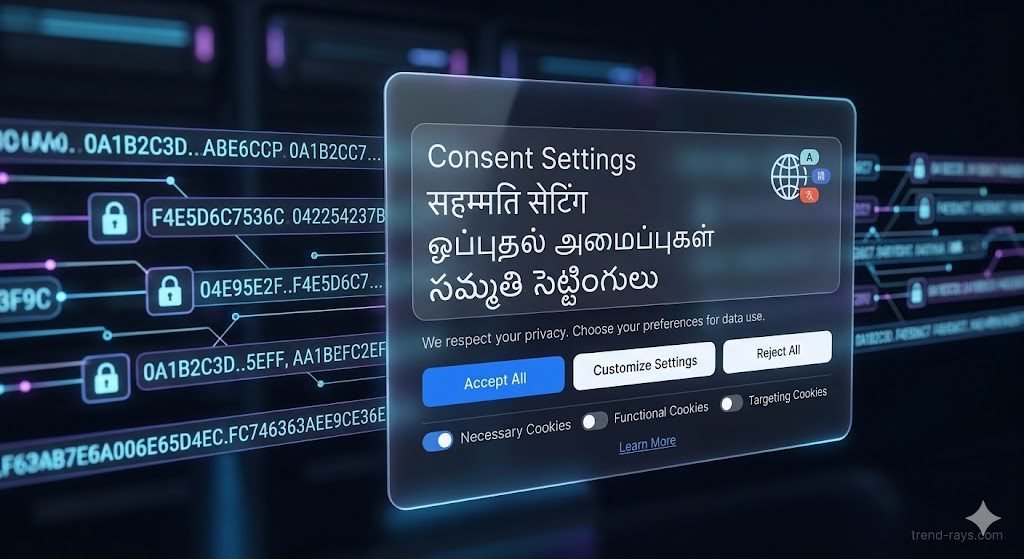 Best DPDP Act Compliance Software for B2B SaaS Enterprises 2 A conceptual, clean user interface displaying an elegant cookie and consent management banner. The interface cleanly presents text choices transitioning dynamically across multiple regional Indian scripts, including Devanagari, Tamil, and Telugu. Behind the UI, a secure digital ledger ledger streams encrypted data keys. Modern B2B SaaS aesthetic, minimalist look, sharp focus, cinematic depth of field.