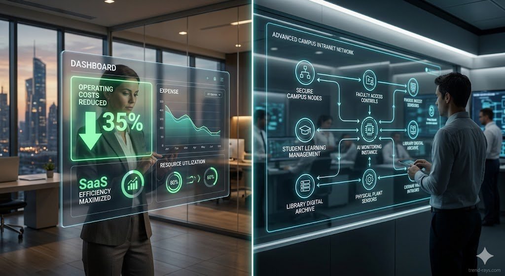 A cinematic, high-tech split-screen visualization of a modern educational institution. On one side, a school founder reviews a clean digital dashboard with glowing metrics showing "Operating Costs Reduced 35%". On the other side, an advanced campus intranet network diagram flows seamlessly. Ultra-modern corporate tech aesthetic, sharp focus, cinematic lighting, photorealistic, 8k resolution.