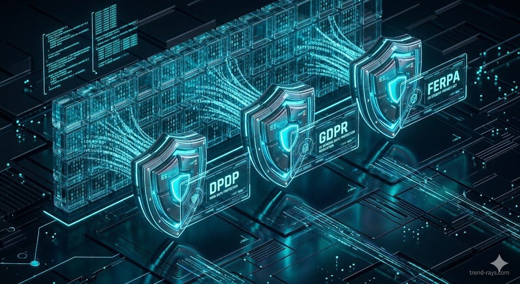 A conceptual, high-tech digital graphic featuring three metallic glowing shields arranged in a row, representing global privacy standards. Holographic text labels next to the shields read "DPDP", "GDPR", and "FERPA" in a clean, modern sans-serif font. Behind them are glowing streams of binary code locked inside secure glass blocks. Dark neon blue and teal color palette, professional cybersecurity tech aesthetic, isometric view. 