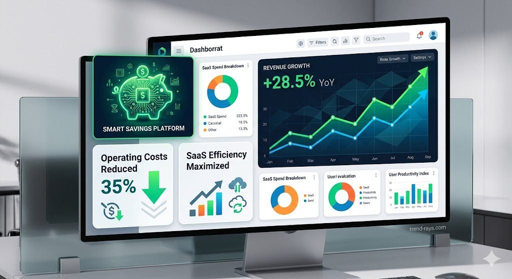 A clean B2B infographic-style 3D render showing a professional digital dashboard. The screen displays a rising financial chart trending upwards, a glowing green piggy bank icon made of data circuits, and interactive metric panels reading "Operating Costs Reduced 35%" and "SaaS Efficiency Maximized". Sleek, modern tech aesthetic, vibrant color accents, clean geometric shapes, photorealistic studio lighting. 