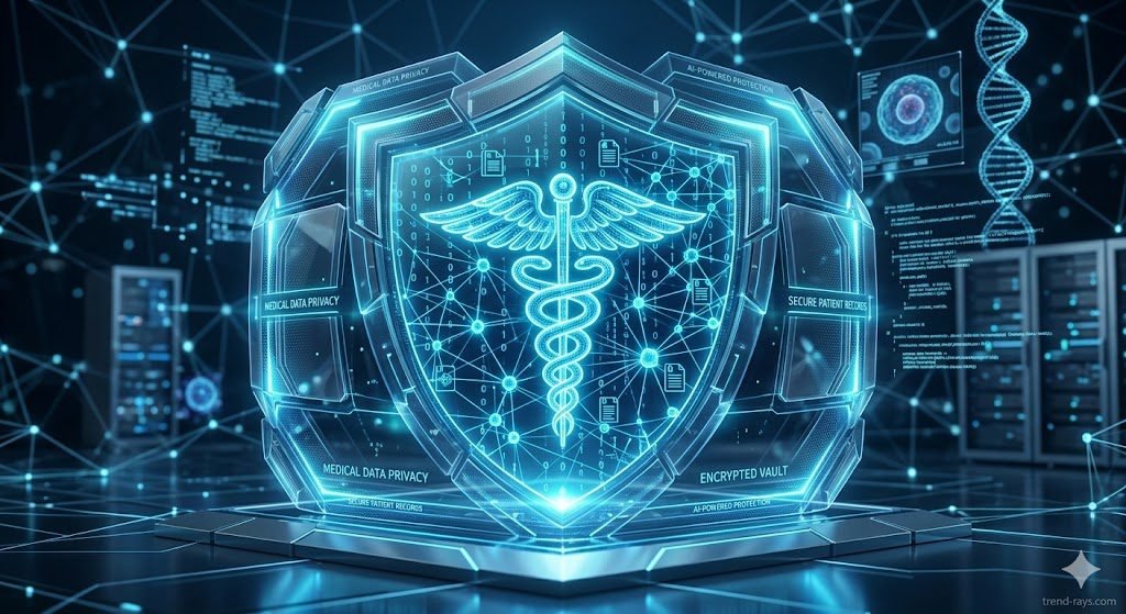 A cinematic, high-end 3D visualization representing medical data privacy in the age of artificial intelligence. A glowing caduceus medical symbol merges with a digital neural network matrix, safely enclosed inside a translucent, multi-layered security vault shield. Vibrant medical cyan and professional deep blue tones, clean studio lighting, high-tech B2B aesthetic, 8k resolution.