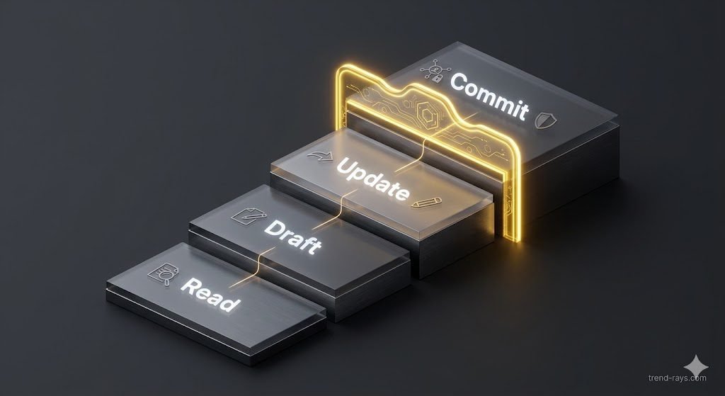 The 2026 B2B SaaS AI Vendor Compliance Checklist for Enterprise Procurement 2 A clean, minimalist 3D diagram illustrating a tiered security access framework. Four separate digital steps labeled "Read," "Draft," "Update," and "Commit" form a progressive hierarchy, with the high-stakes "Commit" tier safely locked behind a glowing neon gold cryptographic firewall boundary line. Charcoal gray background, crisp texture rendering, isometric perspective.