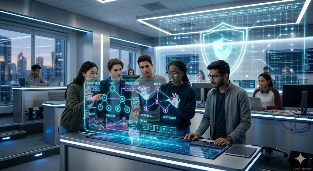 A cinematic, high-tech modern classroom where a diverse group of students is interacting with glowing holographic interfaces showing data structures. In the background, a large, translucent cyber-security shield overlay protects the room. Clean, professional corporate tech aesthetic, bright and futuristic lighting, photorealistic, 8k resolution.