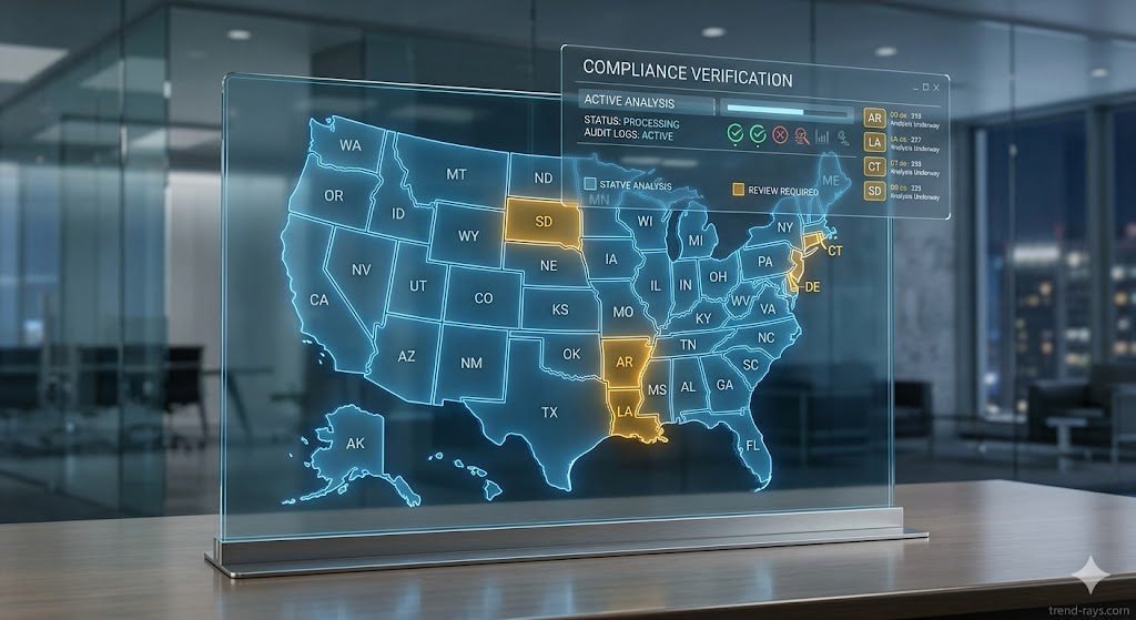 A professional 3D render of a glowing digital map of the United States on a sleek glass screen. Five specific states (Arkansas, Connecticut, Delaware, Louisiana, and South Dakota) are highlighted in a caution-orange color, while the rest of the map glows in a tech-blue. A digital "Compliance Verification" overlay hovers above the map. High-tech corporate aesthetic. 