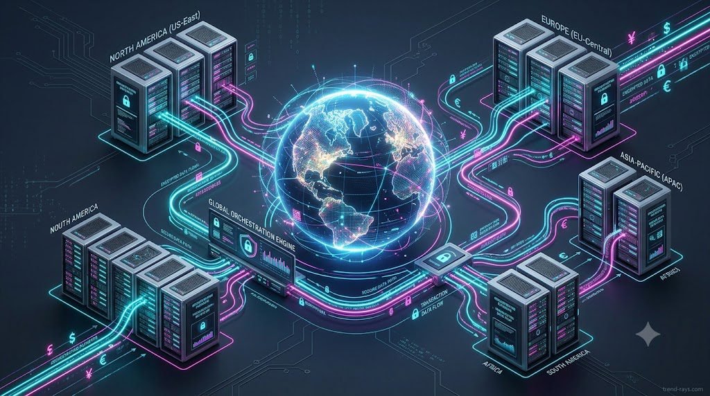 A sleek, high-tech 3D isometric illustration of a glowing digital globe surrounded by secure API data streams. The data streams route into different cloud server nodes representing global payment orchestration. Clean enterprise FinTech and SaaS startup aesthetic, dark slate background with neon cyan and magenta accents. Photorealistic, 8k resolution, Unreal Engine 5 render style.