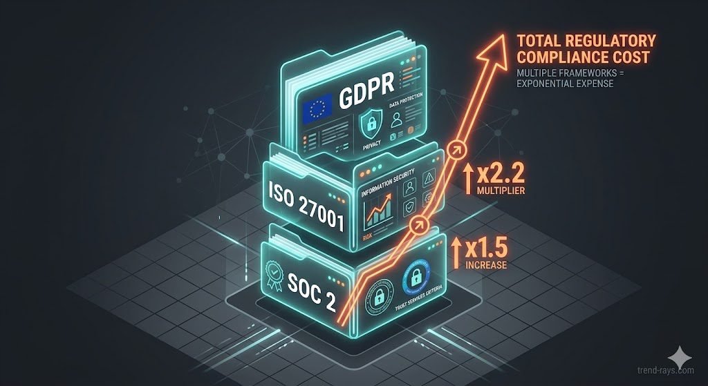 A clean, minimalist 3D diagram illustrating the stacking costs of regulatory frameworks. Separate glowing digital folders labeled "SOC 2," "ISO 27001," and "GDPR" are stacked vertically on top of each other, with an upward-trending neon orange cost line tracking arrow icons indicating price multiplication. High-tech corporate compliance theme, charcoal gray background, isometric perspective, crisp textures.
