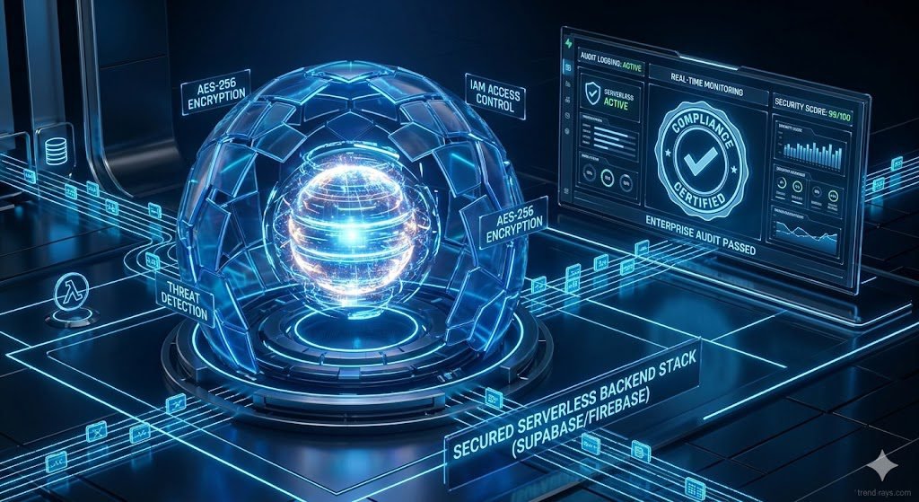 A premium, high-end 3D visual concept representing a serverless backend database stack secured for an enterprise audit. A glowing digital database core (symbolizing Supabase/Firebase) is safely enclosed inside a translucent, multi-layered security shield. Glowing data packets flow along clean grid lines toward a centralized dashboard displaying a verified compliance seal. Sleek corporate dark mode aesthetic, professional deep blue and neon electric blue tones, clean studio lighting, 8k resolution.