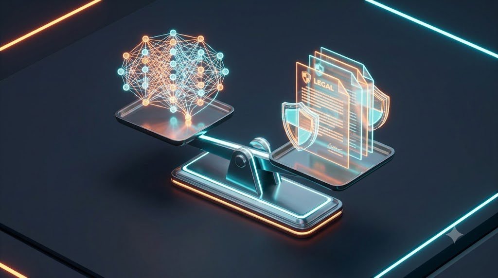 A 3D isometric illustration of a sleek, glowing digital scale. On one side sits a highly complex, glowing neural network representing AI machine learning. On the other side sits a stack of secure, holographic legal compliance documents and regulatory shields. The scale is perfectly balanced. Clean enterprise FinTech and RegTech aesthetic, dark slate background with neon orange and cyan accents. Photorealistic, 8k resolution, Unreal Engine 5 render style.