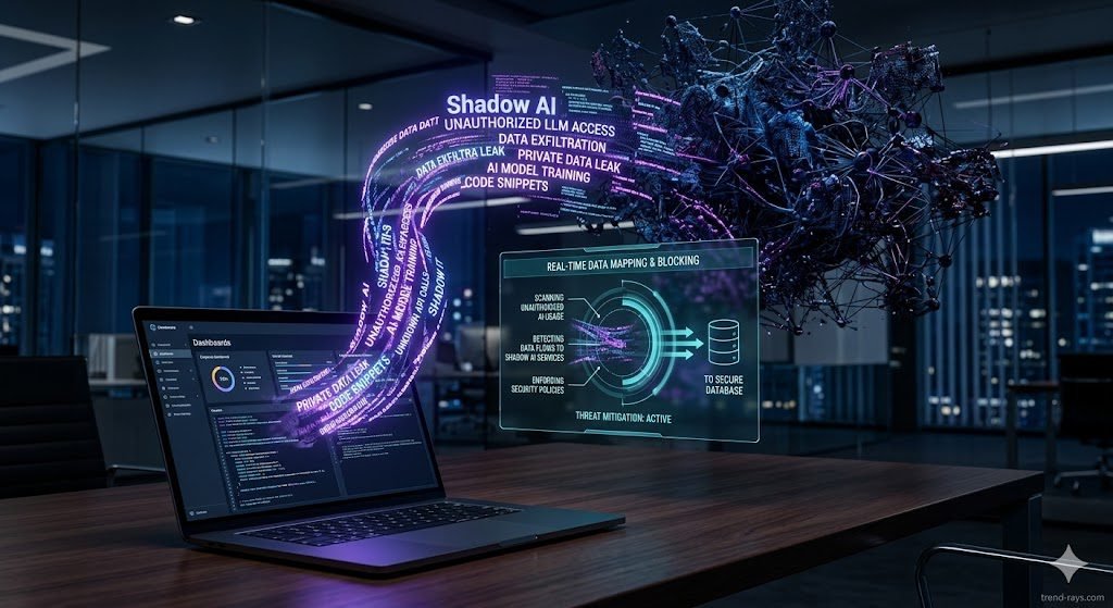 A cinematic, high-end 3D visual concept illustrating "Shadow AI" within a modern corporate network. A stream of glowing, digital text fragments and code lines floats off a secure laptop screen and transforms into a chaotic cloud of abstract neural network nodes in the background. In the center, a clean visual interface dynamically blocks and scans the data flow. Ultra-modern corporate tech aesthetic, sleek deep blue and neon purple color grading, studio lighting, photorealistic, 8k resolution.