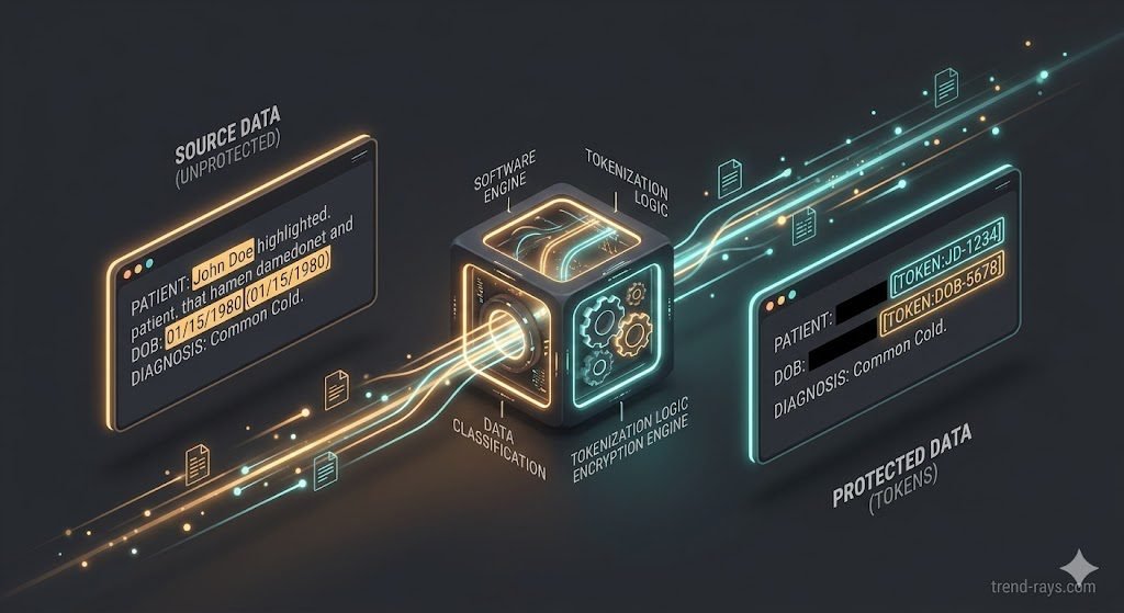 A crisp, technical 3D infographic illustrating an inline data protection proxy. A text stream containing highlighted patient information passes left-to-right through a glowing software engine node, emerging on the right side with all names and dates completely blacked out and replaced by secure, encrypted code tokens. Charcoal gray background, minimalist SaaS workflow aesthetic, soft amber and teal neon highlights. 