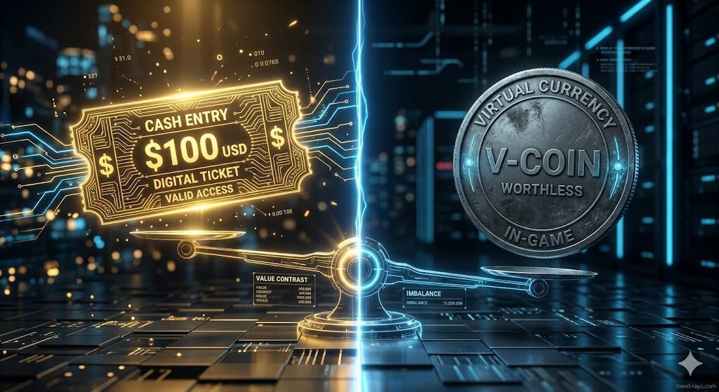 A cinematic, high-tech conceptual image split down the middle. On the left side, a glowing, golden digital ticket representing a cash entry; on the right side, a dull, dark gray coin representing worthless virtual currency. A glowing digital scale attempts to balance them. Dark mode, professional tech blog aesthetic, dramatic lighting, 8k resolution.