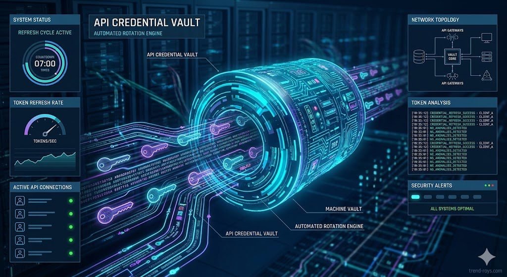 The 2026 B2B SaaS AI Vendor Compliance Checklist for Enterprise Procurement 3 A modern, high-tech engineering visualization showing an automated API credential security network. Digital key shapes and alphanumeric token matrices pass rapidly through an isolated, glowing cylindrical machine vault that continually rotates and Refreshes the secure authorization tokens. Sharp focus, professional cyber-forensics dashboard layout style, deep depth of field.