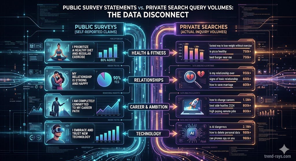 A cinematic, tech-forward infographic comparing public survey statements against actual, private search query volumes, styled as a dark-mode data flow. 