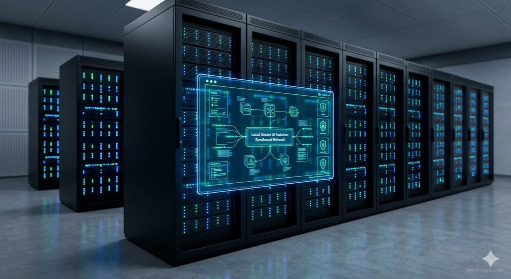 A modern, pristine private server room with racks of glowing LED data nodes. A central holographic user interface floats in the foreground, displaying a network diagram labeled "Local Secure AI Instance: Sandboxed Network". Tech-forward, high-end corporate presentation style, sharp focus, cinematic depth of field, minimalist design. 