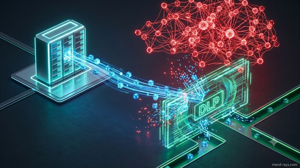 Featured Image Prompt (Midjourney/DALL-E 3): A sleek 3D isometric illustration of a glowing corporate server node. A stream of sensitive blue data is flowing toward a massive, unauthorized red artificial intelligence neural network, but the data is intercepted and blocked by a glowing holographic security firewall reading "DLP." Clean enterprise cybersecurity aesthetic, dark slate background with neon cyan, red, and emerald green accents. Photorealistic, 8k resolution, Unreal Engine 5 render style.