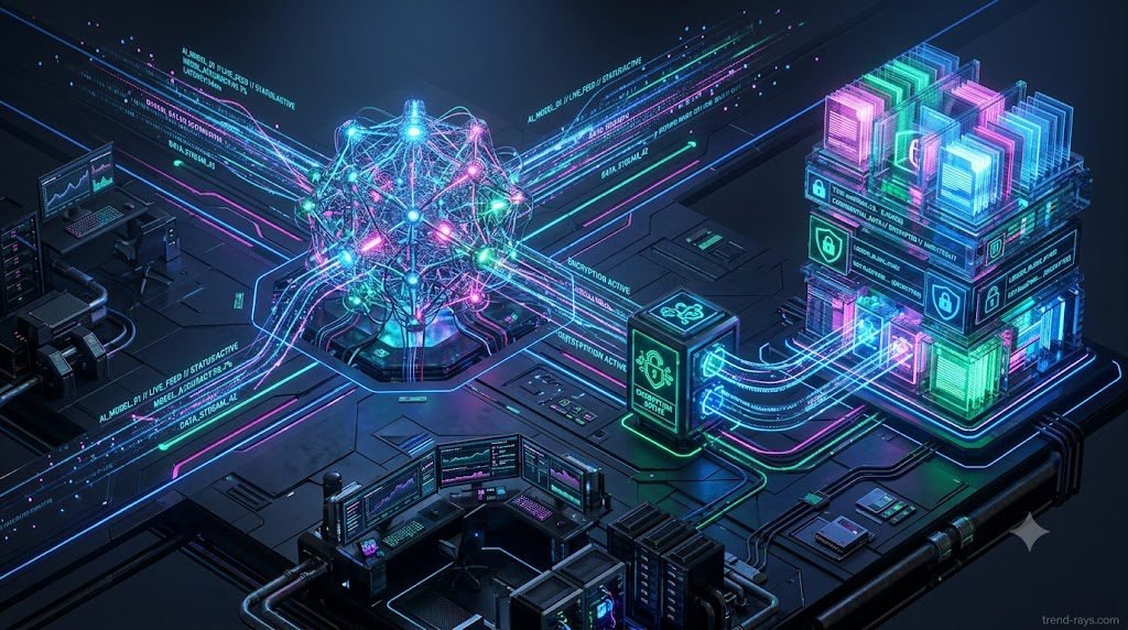 A 3D illustration of an MLOps control plane securely logging AI inference data into an immutable ledger for Article 12 compliance.