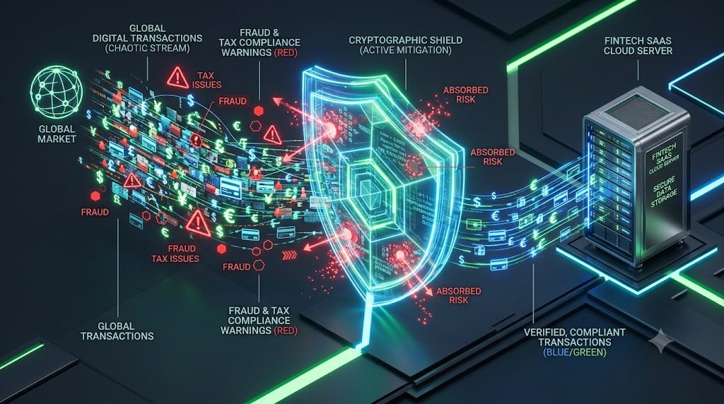 SaaS Global Expansion: Merchant of Record (MoR) vs. Payment Orchestration APIs 2 A 3D isometric diagram showing a glowing, translucent cryptographic shield standing between a modern SaaS cloud server and a chaotic stream of global digital transactions. The shield is safely absorbing red warning signals representing tax compliance and fraud. Clean enterprise FinTech aesthetic, dark slate background with neon green and blue accents. Photorealistic, 8k resolution, Unreal Engine 5 render style.