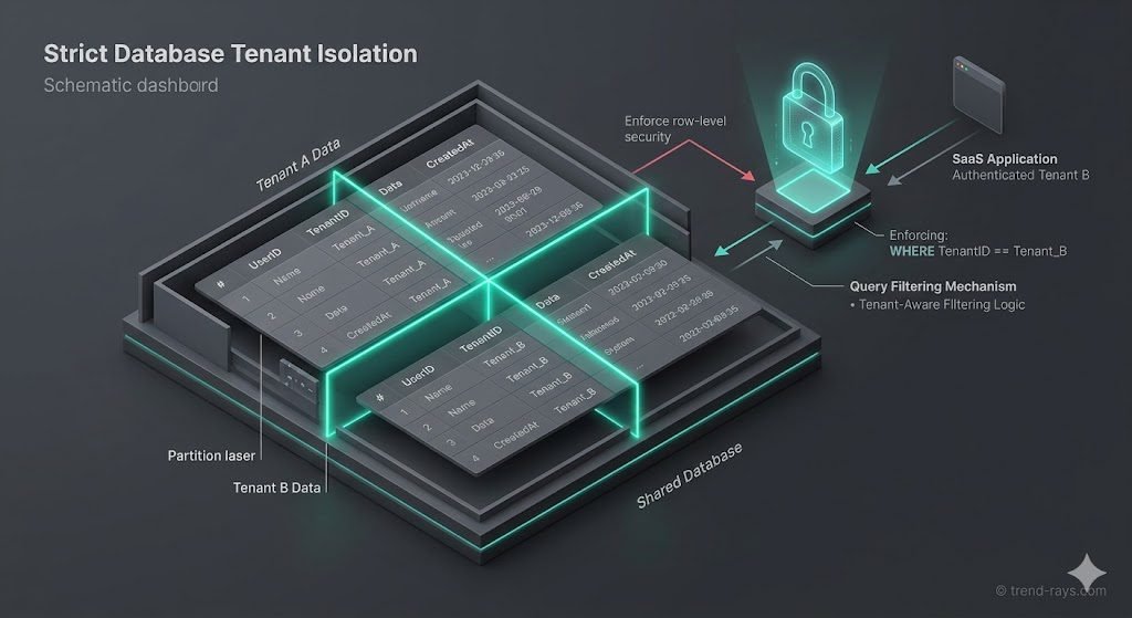 The Practical Guide: Passing a SOC 2 Audit on Supabase or Firebase Stacks 2 A detailed, minimalist 3D schematic illustrating strict database tenant isolation. A clean database table diagram is split into secure, distinct rows partitioned by glowing neon-teal laser lines, visually separating "Tenant A Data" from "Tenant B Data." A stylized holographic padlock icon hovers directly above the query filtering mechanism to emphasize backend security logic. Modern B2B SaaS dashboard aesthetic, charcoal gray background, sharp focus, isometric angle.