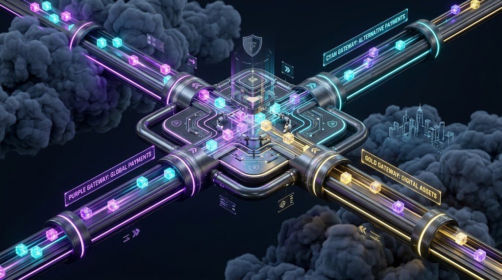 SaaS Global Expansion: Merchant of Record (MoR) vs. Payment Orchestration APIs 3 A sleek 3D isometric illustration of a high-speed digital routing hub floating in the cloud. Glowing data packets are being intelligently sorted and redirected into three different secure server tunnels representing different payment gateways. Clean enterprise FinTech aesthetic, dark slate background with vibrant purple, cyan, and gold accents. Photorealistic, 8k resolution, Unreal Engine 5 render style.