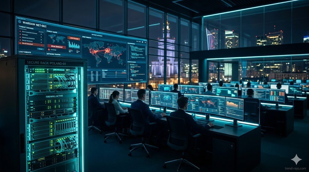 A cinematic, high-resolution shot of a modern, sleek cybersecurity operations center at night, located in a high-tech office building in Warsaw. Rows of glowing monitors showing complex network security dashboards, deep blue and teal color grading, shallow depth of field focusing on a single secure server rack in the foreground, photorealistic, 8k, professional photography, tech-forward aesthetic.