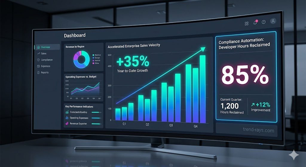 Best DPDP Act Compliance Software for B2B SaaS Enterprises 3 A sleek, high-tech corporate dashboard displaying financial efficiency metrics. The screen features an upward-trending bar graph representing accelerated enterprise sales velocity, paired with a metric panel displaying "Compliance Automation: Developer Hours Reclaimed 85%". Clean geometric layout, vibrant neon accents, professional software analytics style, studio lighting render.