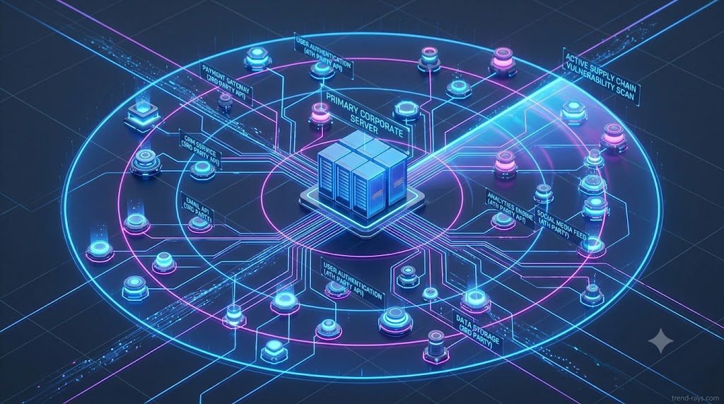 A 3D isometric diagram showing a primary corporate server connected to a massive web of smaller, glowing third-party and fourth-party cloud APIs. A sweeping, translucent radar pulse is actively scanning the entire network for vulnerabilities. Clean enterprise cybersecurity aesthetic, dark slate background with vibrant blue and magenta accents. Photorealistic, 8k resolution, Unreal Engine 5 render style. 