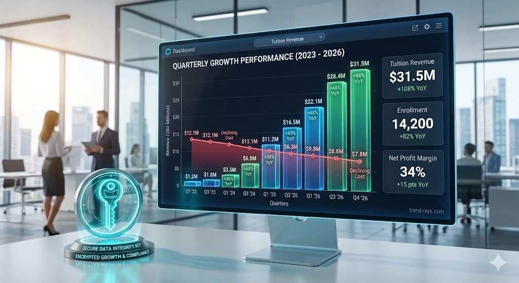 Best AI Software for School Administrative Automation and Predictive Enrollment 3 A clean, professional 3D infographic rendering of financial growth within a corporate education environment. The display features a sleek bar graph tracking exponential tuition revenue scaling upward, paired with a declining operational expenditure curve. A glowing secure data key icon rests in the foreground. Bright studio lighting, clean geometric aesthetics, modern B2B SaaS layout.