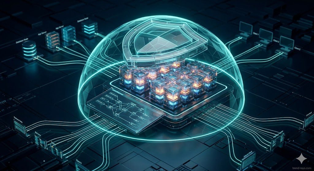 A cinematic, high-end 3D visualization of secure enterprise cloud infrastructure. A translucent digital security shield sits in the center, protecting glowing data blocks. Connected lines stream into a central, clean node showing a data mapping graph. Tech-forward corporate aesthetic, professional dark blue and neon teal color palette, ultra-realistic studio lighting, 8k resolution.