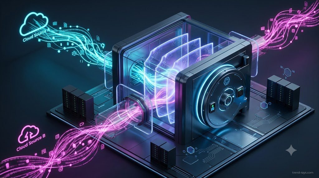 A sleek 3D isometric illustration of a highly secure, glowing digital vault acting as a Data Clean Room. Two distinct cloud data streams (one neon cyan, one vibrant magenta) are entering the vault, merging their light at the center, but remaining separated by translucent, glowing cryptographic shields. Clean enterprise MarTech and cloud architecture aesthetic, dark slate background with cinematic lighting. Photorealistic, 8k resolution, Unreal Engine 5 render style.