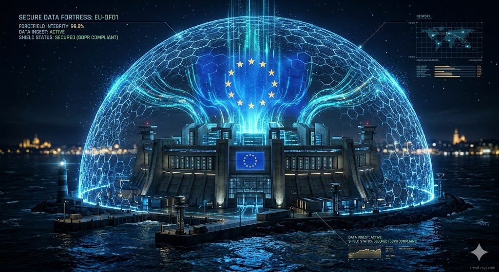 A cinematic, high-resolution 3D render representing a secure European data fortress. Glowing blue digital data streams are shielded by a translucent, high-tech hexagonal forcefield, with a subtle EU flag motif integrated into the digital HUD. Professional, corporate B2B tech aesthetic, dark background, sharp focus, 8k.