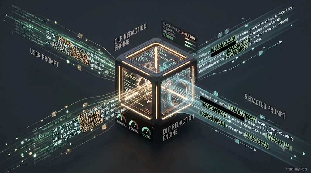 Inline Redaction Visual Prompt (Midjourney/DALL-E 3): A 3D isometric diagram of a glowing digital text prompt traveling along a fiber optic path. As it passes through a transparent, glowing security gate, specific sensitive code blocks inside the text turn from red to a scrambled, secure green holographic token before continuing to a cloud server. Clean enterprise DevSecOps aesthetic, dark slate background. Photorealistic, 8k resolution, Unreal Engine 5 render style. 