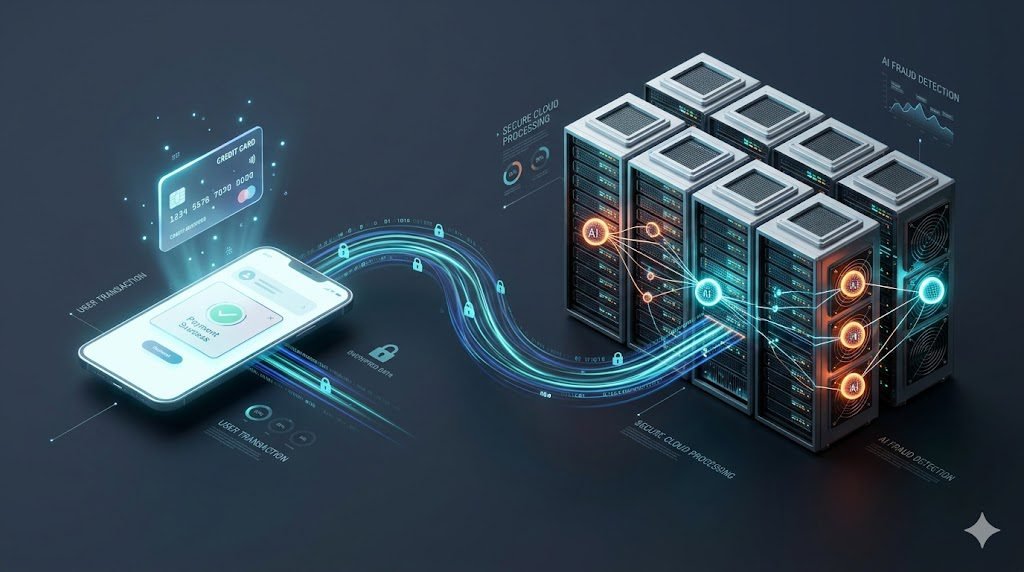 A sleek, high-tech 3D isometric illustration showing the evolution of digital payments. On the left, a minimalist glowing smartphone app processing a transaction; a dynamic, glowing data stream connects it to the right side, which features a massive, secure cloud server rack illuminated with neon orange and cyan AI nodes. Clean enterprise FinTech and SaaS aesthetic, dark slate background. Photorealistic, 8k resolution, Unreal Engine 5 render style, professional cybersecurity theme.